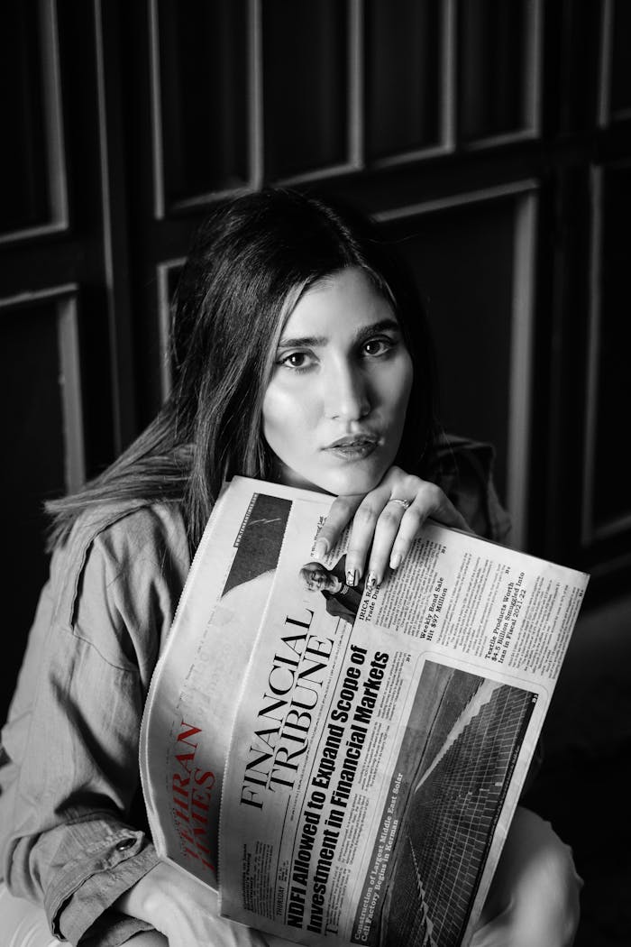 Elegant black and white portrait of a woman holding a financial newspaper indoors.